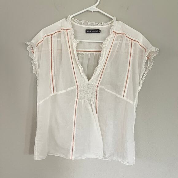 Antik Batik Cotton White Sheer Ruffle Edge Blouse (S) - Picture 1 of 7